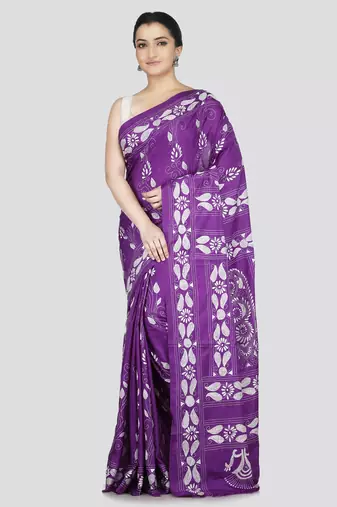 Pinkloom women's purple pure silk kantha work saree with running blouse piece