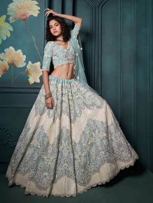 Enchanting Firozi Thread, Cording and Sequins Embroidered georgette Lehenga choli for Bride 1