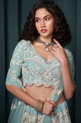 Enchanting Firozi Thread, Cording and Sequins Embroidered georgette Lehenga choli for Bride 3