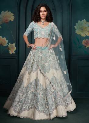Enchanting Firozi Thread, Cording and Sequins Embroidered georgette Lehenga choli for Bride 4