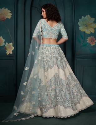 Enchanting Firozi Thread, Cording and Sequins Embroidered georgette Lehenga choli for Bride 5