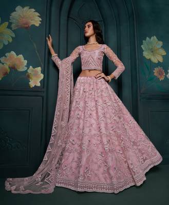  Dusty Pink Thread Cording And Sequins Embroidered Net Lehenga Choli  1