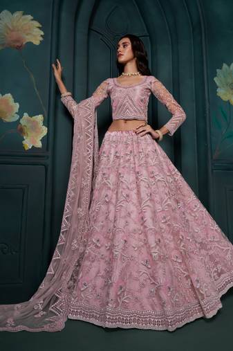  Dusty Pink Thread Cording And Sequins Embroidered Net Lehenga Choli 