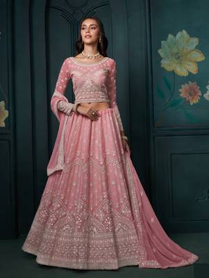  Pink Thread Cording And Sequins Embroidered Georgette Lehenga Choli For Bride And Wedding 1