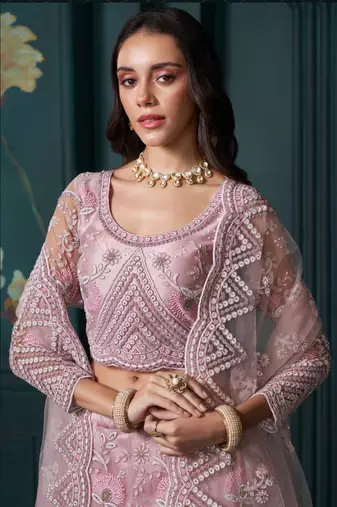  Dusty Pink Thread Cording And Sequins Embroidered Net Lehenga Choli 
