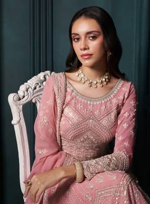  Pink Thread Cording And Sequins Embroidered Georgette Lehenga Choli For Bride And Wedding 3