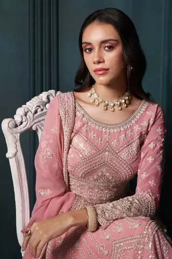  Pink Thread Cording And Sequins Embroidered Georgette Lehenga Choli For Bride And Wedding