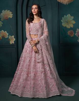  Dusty Pink Thread Cording And Sequins Embroidered Net Lehenga Choli  4