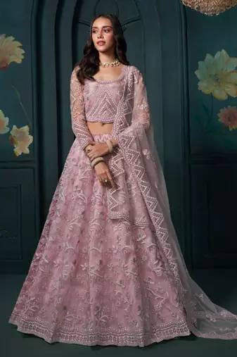  Dusty Pink Thread Cording And Sequins Embroidered Net Lehenga Choli 