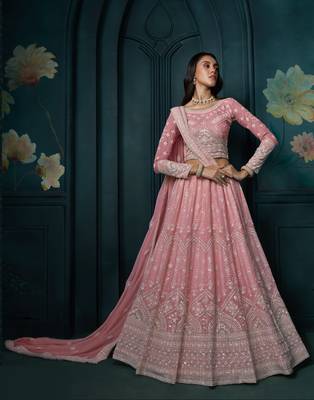  Pink Thread Cording And Sequins Embroidered Georgette Lehenga Choli For Bride And Wedding 4