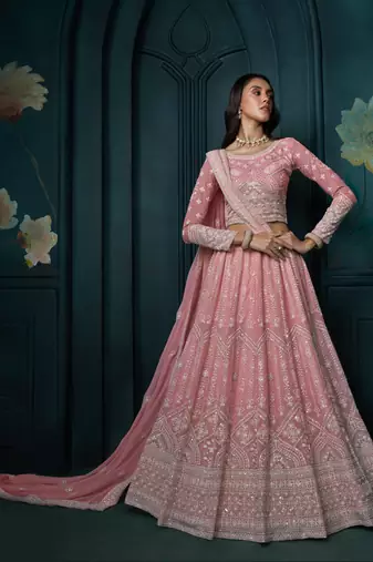  Pink Thread Cording And Sequins Embroidered Georgette Lehenga Choli For Bride And Wedding