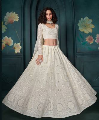 Off White Thread Cording And Sequins Embroidered Georgette Designer Lehenga Choli Lattest Design 1