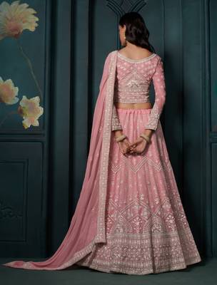  Pink Thread Cording And Sequins Embroidered Georgette Lehenga Choli For Bride And Wedding 5