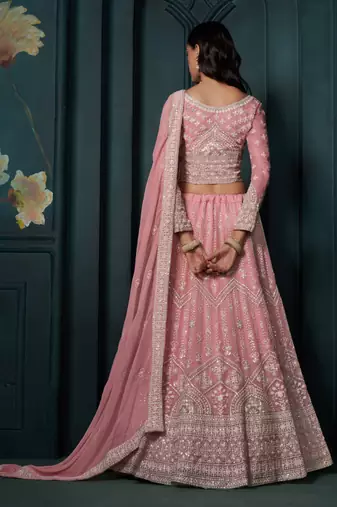  Pink Thread Cording And Sequins Embroidered Georgette Lehenga Choli For Bride And Wedding