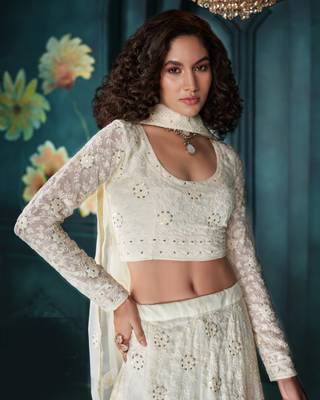 Off White Thread Cording And Sequins Embroidered Georgette Designer Lehenga Choli Lattest Design 3