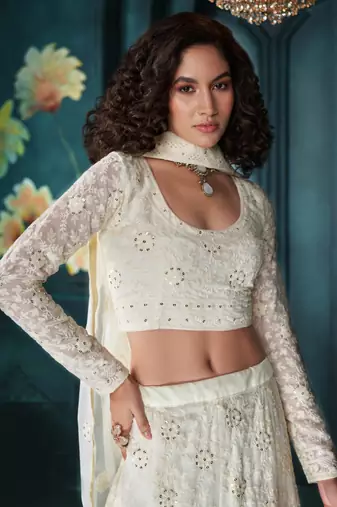 Off White Thread Cording And Sequins Embroidered Georgette Designer Lehenga Choli Lattest Design