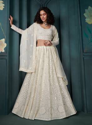Off White Thread Cording And Sequins Embroidered Georgette Designer Lehenga Choli Lattest Design 4