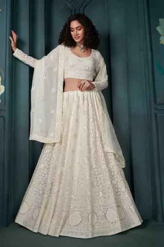 Off White Thread Cording And Sequins Embroidered Georgette Designer Lehenga Choli Lattest Design
