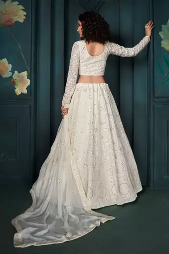 Off White Thread Cording And Sequins Embroidered Georgette Designer Lehenga Choli Lattest Design