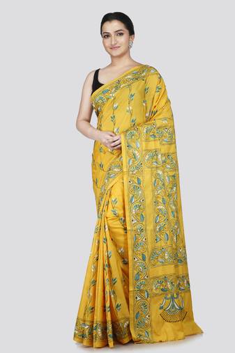 Pinkloom women's yellow pure silk kantha work saree with running blouse piece