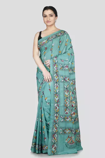Pinkloom women's sea green pure silk kantha work saree with running blouse piece