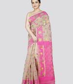 Pinkloom women's beige cotton jamdani-sarees with running blouse piece
