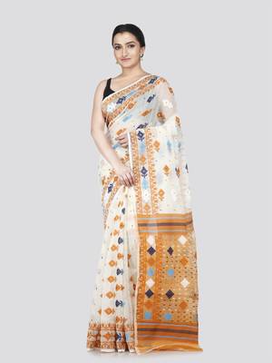 Pinkloom women's white cotton jamdani-sarees with running blouse piece 1