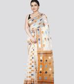 Pinkloom women's white cotton jamdani-sarees with running blouse piece