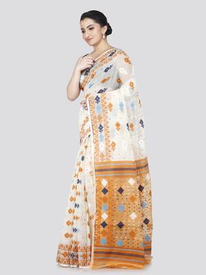 Pinkloom women's white cotton jamdani-sarees with running blouse piece 2