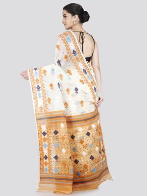 Pinkloom women's white cotton jamdani-sarees with running blouse piece 3
