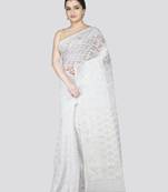 Pinkloom women's white cotton jamdani-sarees with running blouse piece