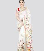 Pinkloom women's white silk kantha work saree with running blouse piece