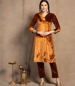 SHADES OF FAASHION Women Golden Velvet Suit Set 
