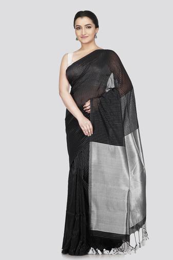 Pinkloom women's black cotton-sarees without blouse piece