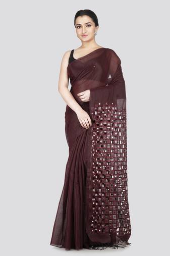 Pinkloom women's maroon cutdana work silk-sarees without blouse piece