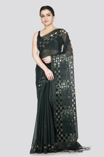 Pinkloom women's green cutdana work silk-sarees without blouse piece