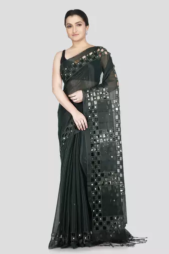 Pinkloom women's green cutdana work silk-sarees without blouse piece