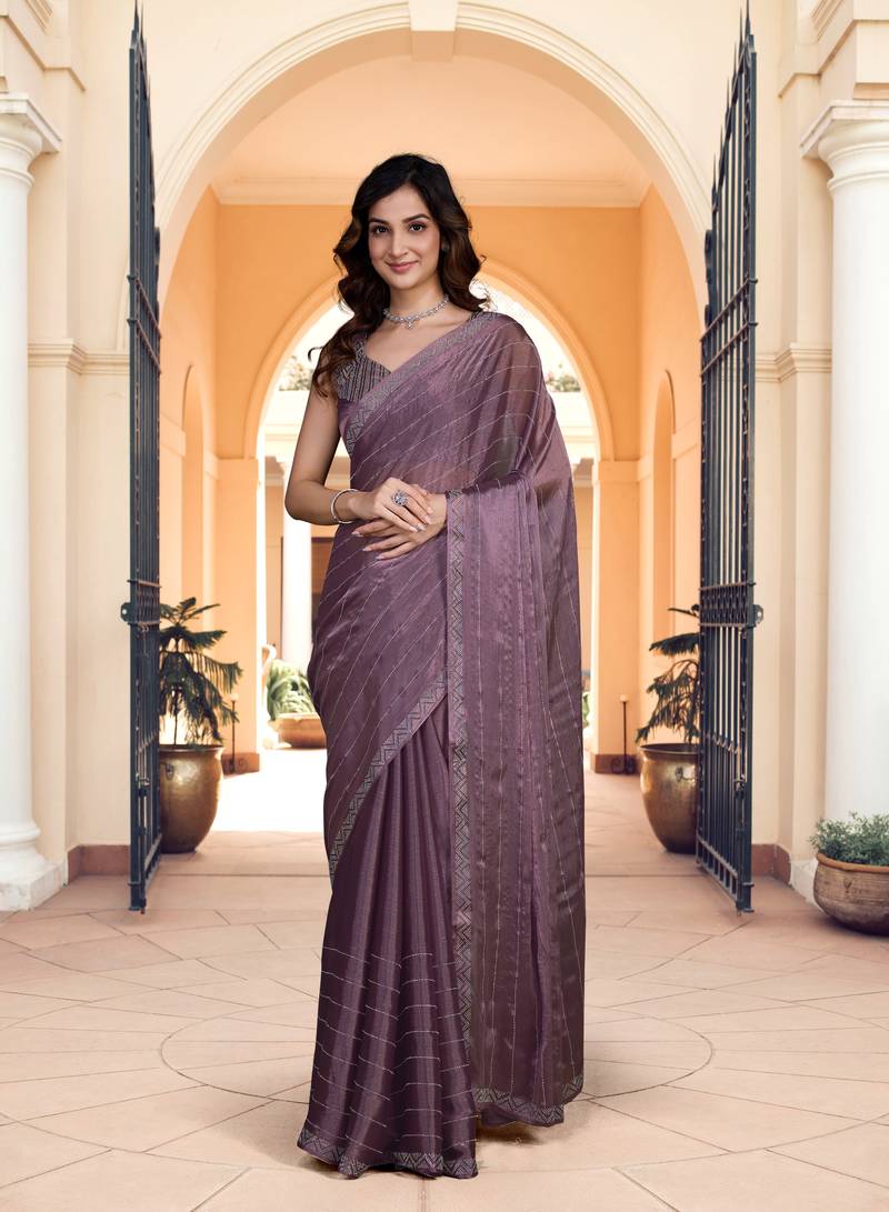 Light Purple Satin Silk Swarovski Work Saree With Blouse