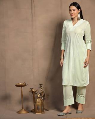 SHADES OF FAASHION Women Mint Green Velvet Suit Set  1