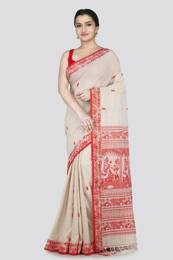 Pinkloom women's beige cotton-sarees with running blouse piece