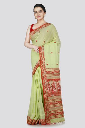 Pinkloom women's green cotton-sarees with running blouse piece