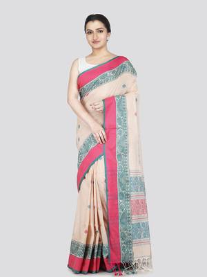Pinkloom women's beige cotton-sarees with running blouse piece 1
