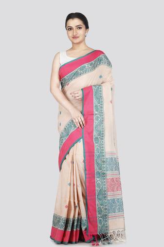 Pinkloom women's beige cotton-sarees with running blouse piece