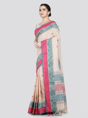 Pinkloom women's beige cotton-sarees with running blouse piece 2