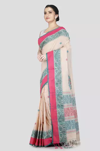 Pinkloom women's beige cotton-sarees with running blouse piece