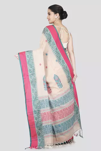 Pinkloom women's beige cotton-sarees with running blouse piece