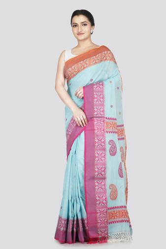 Pinkloom women's turquoise cotton-sarees with running blouse piece