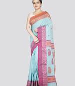 Pinkloom women's turquoise cotton-sarees with running blouse piece