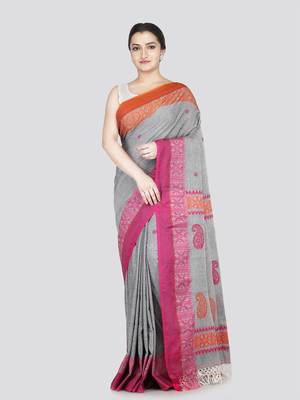 Pinkloom women's grey cotton-sarees with running blouse piece 1
