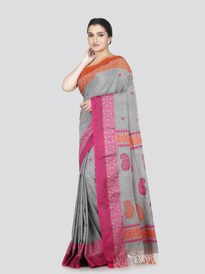 Pinkloom women's grey cotton-sarees with running blouse piece 2